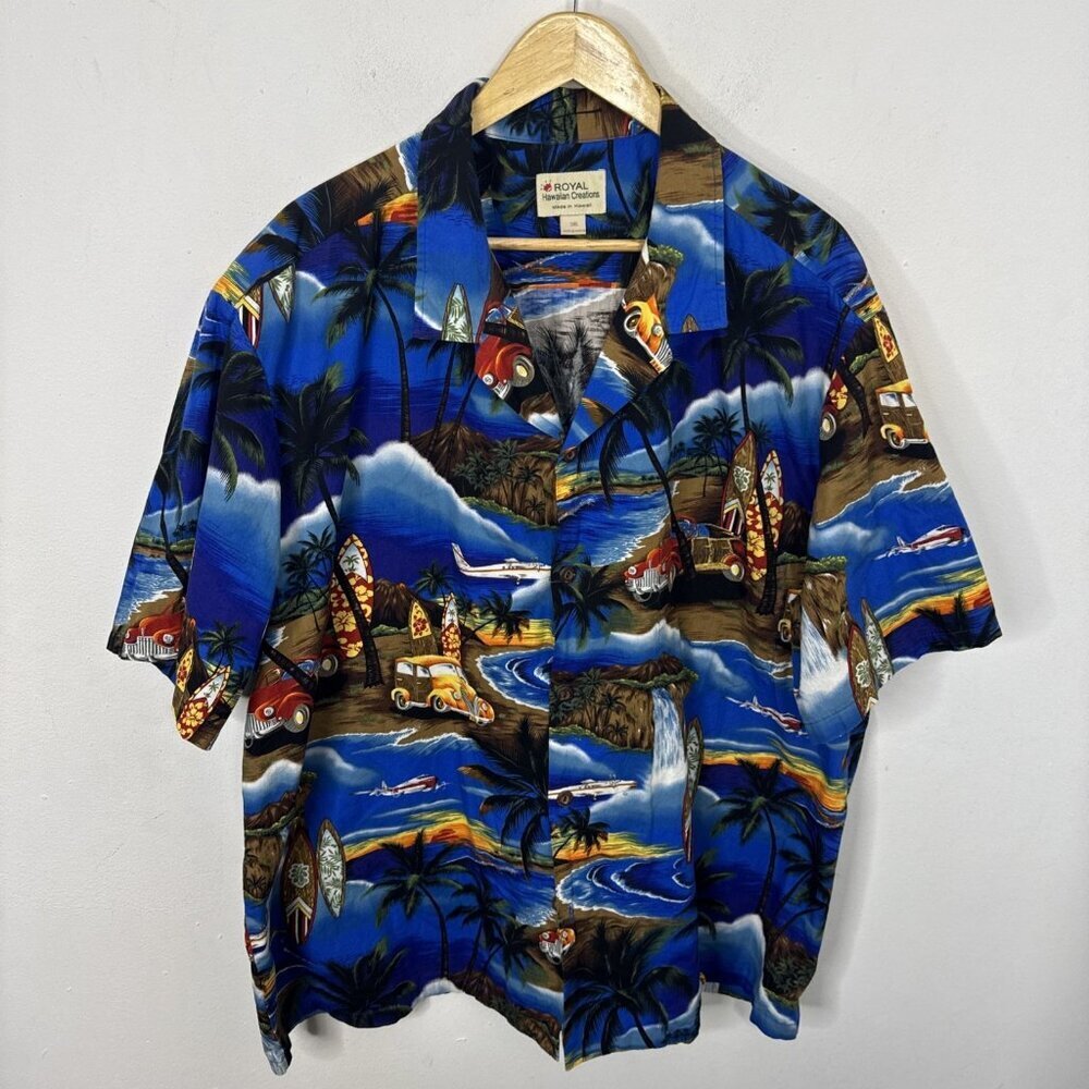 Royal Hawaiian‎ Creations Blue Short Sleeve Hawaiian Shirt Magnum Men 3XL Aloha